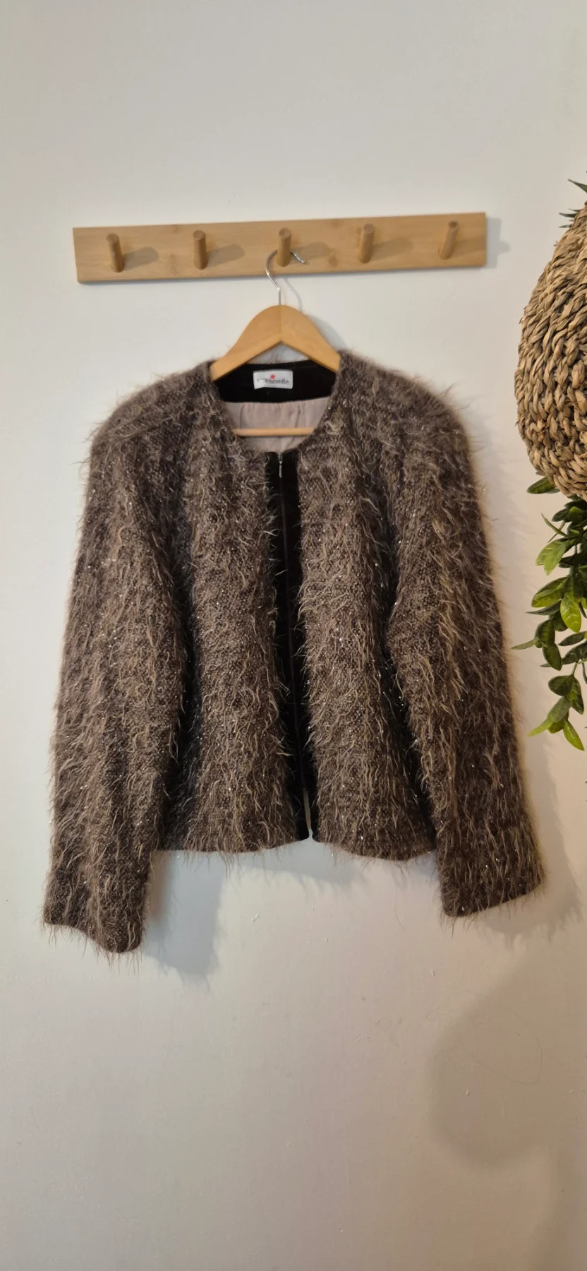 Vintage Elinette Shaggy Knit Jacket Black Beige Size UK 16 Fuzzy Fringe Cardigan VGC