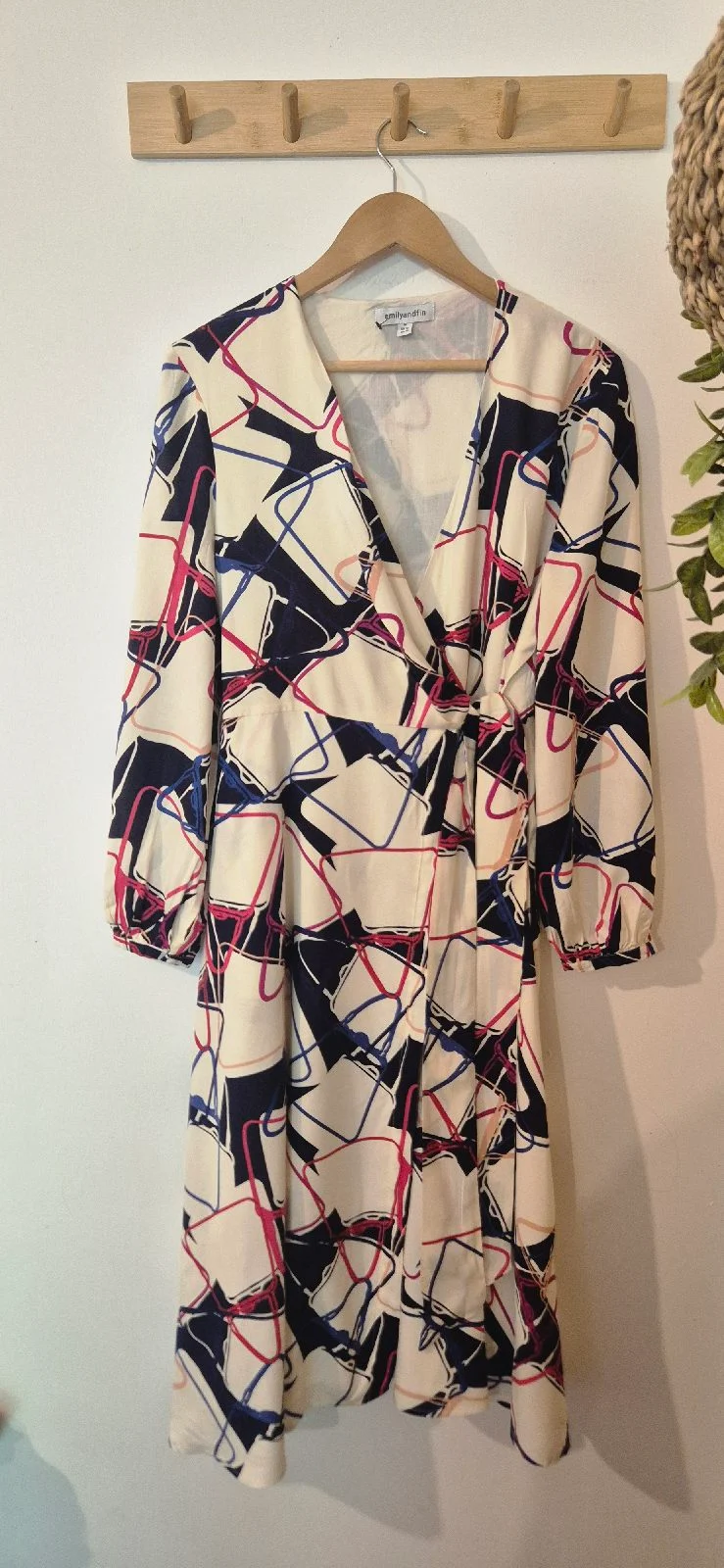 Emily and Fin Cream Abstract Geometric Print Long Sleeve Midi Wrap Dress - Size 12