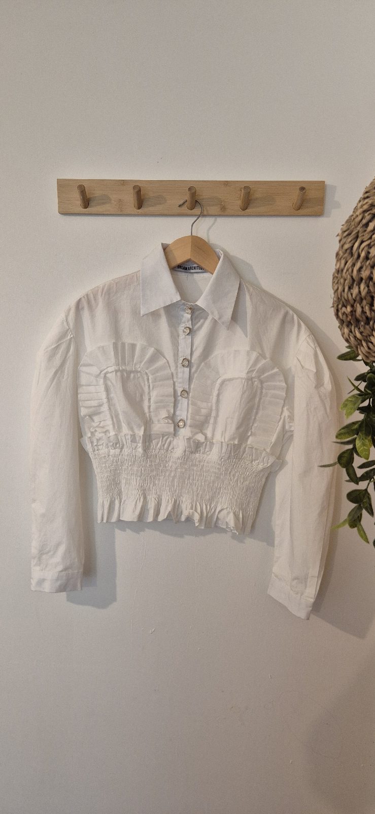 Dream Architect White Ruffle Cropped Blouse Shirt Smocked Cinched Waist Size S