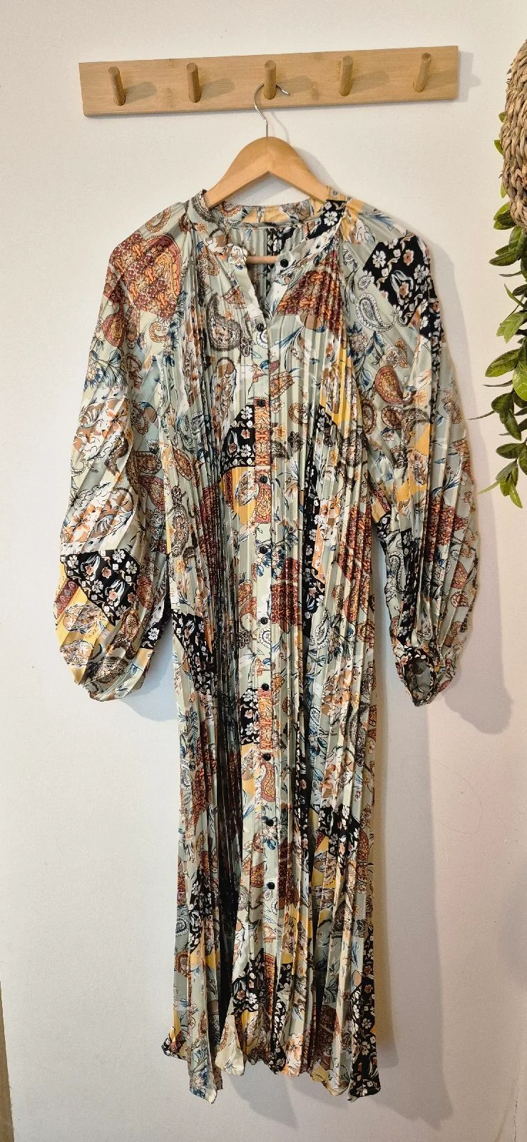Pleated Paisley Patchwork Midi Shirt Dress Cotton Boho Plisse Printed UK 14 16