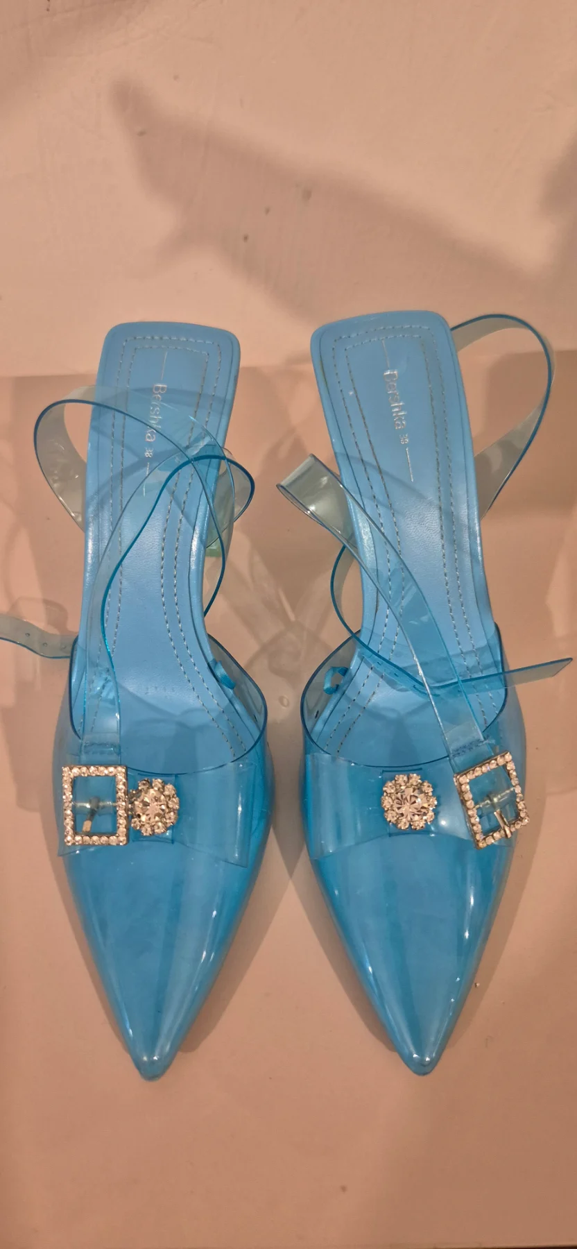 Bershka Blue Clear Vinyl Diamante Slingback Heels UK 5 / EU 38