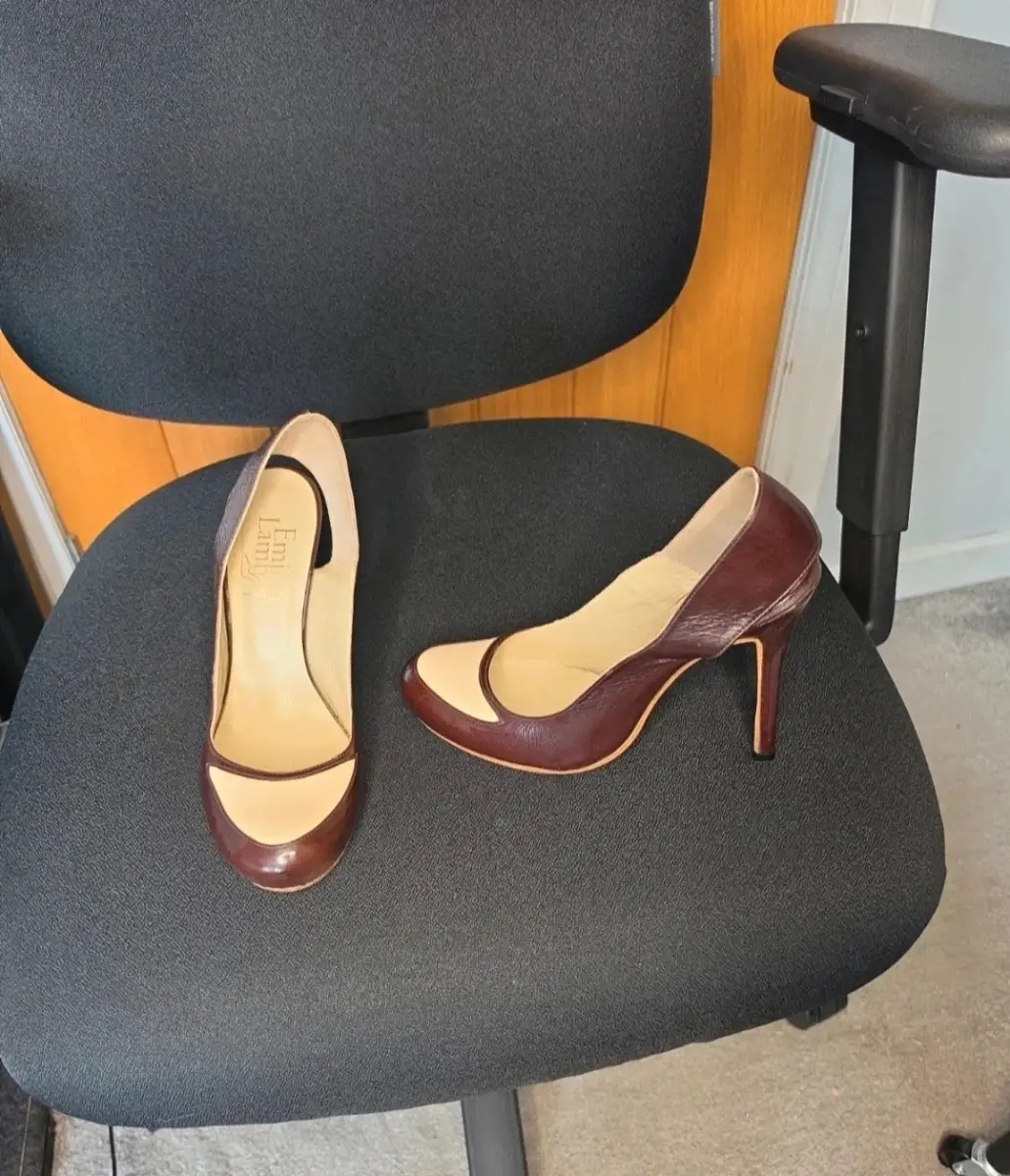 Emily Lamb Two-Tone Leather Stiletto Heels, Burgundy And Cream, Size 3