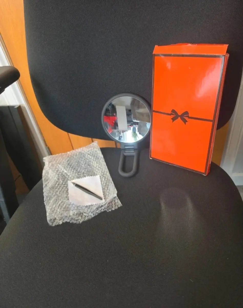 Brand New Boxed Compact Mirror, Tweezers And Cleaning Cloth