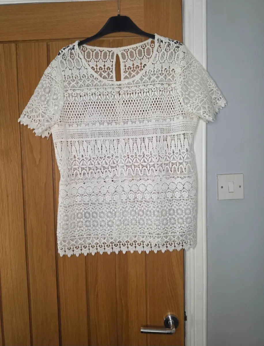 White Lace Crochet Short Sleeved Top Boho Summer