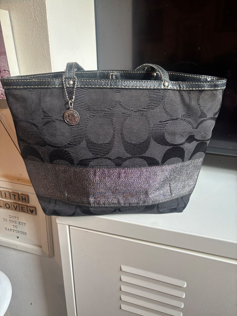 Coach Black Monogram Handbag with Silver Glitter & Hardware