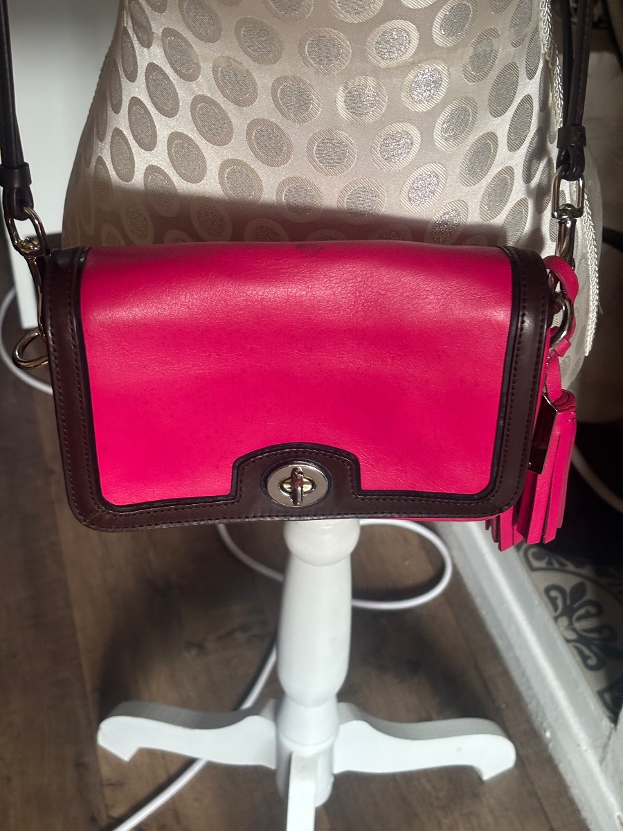 Genuine Coach Hot Pink, Blue, and Brown Crossbody Bag with Silver Hardware