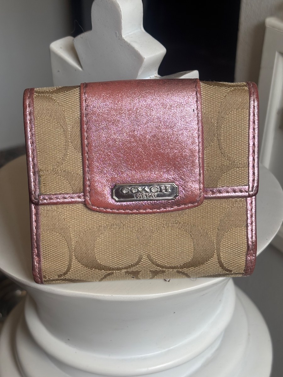 Genuine Coach Classic Beige Monogram & Pink Wallet/Purse