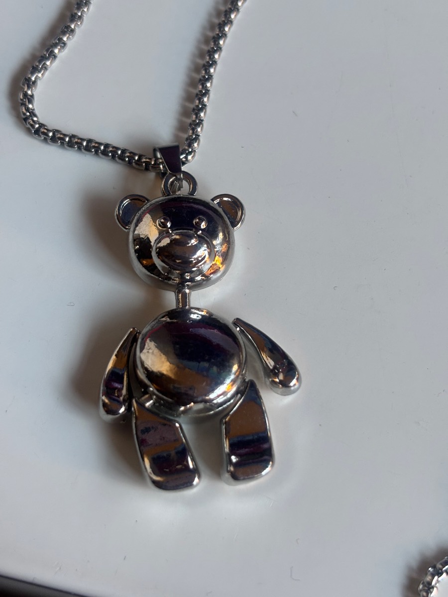 Stainless Steel Silver-Tone Teddy Bear Necklace – 70cm Chain (New)