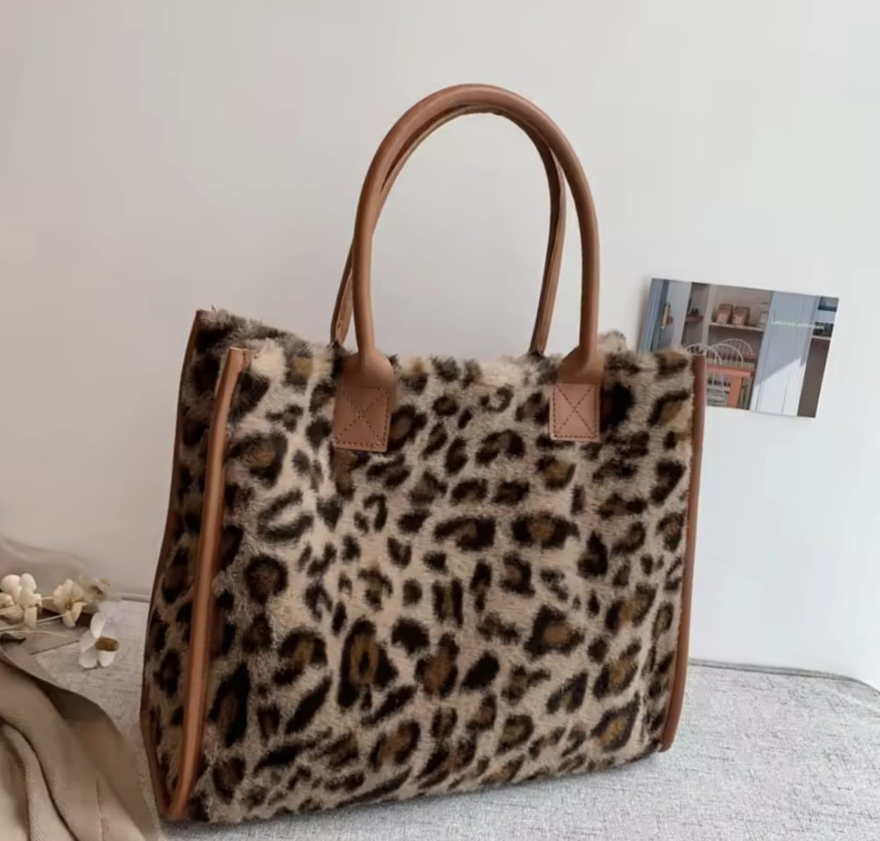 Plush leopard women tote fashion bag