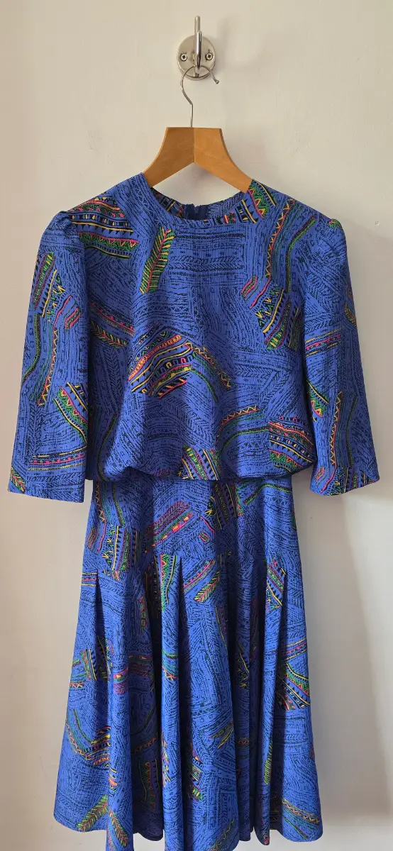 Vintage 80s blouson abstract print midi dress size 10UK