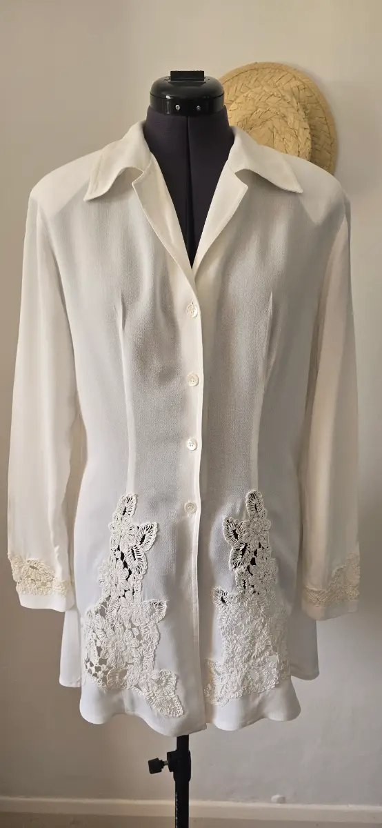 Rare Vintage Ritmo di Perla longline crochet detailed ecru fit and flare blouse size 12-14UK