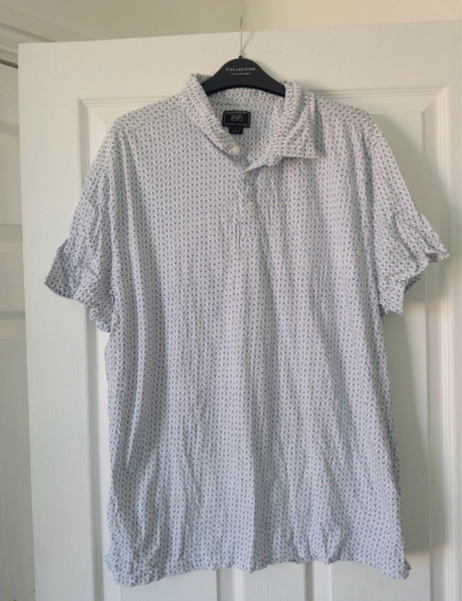F&F Men’s Blue White Geometric Cotton Button-Up Short Sleeve Shirt XL 44-46