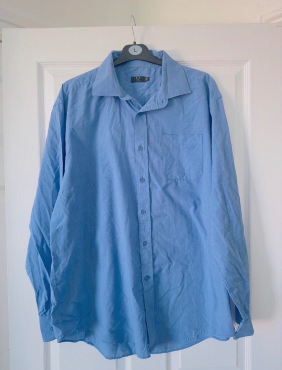 F&F Men's Blue Solid Dress Shirt Long Sleeve Regular Fit L 17" 117cm Easy Care