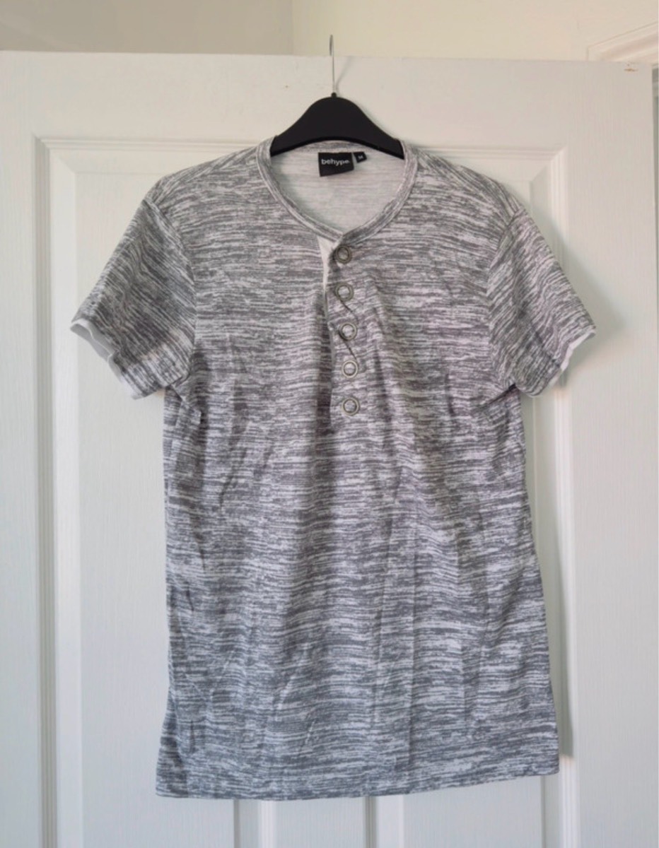 Behype Men's Grey Marled Cotton Jersey Henley Button T-Shirt, Short Sleeve M