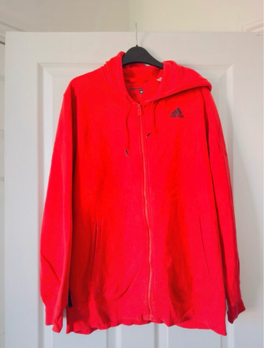 adidas Men’s Red Full Zip Hooded Fleece Hoodie Logo Pockets Size L
