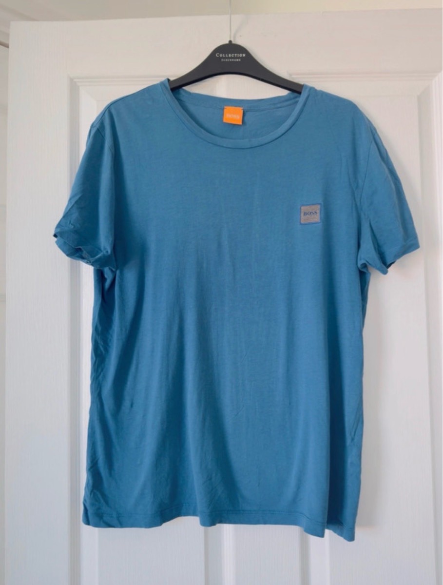 BOSS Men's Blue Cotton Jersey Crew Neck Logo T-Shirt, Short Sleeve M