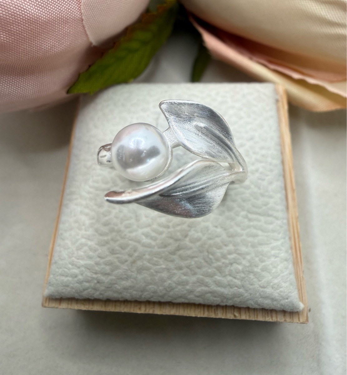 925 stamped Frosted sliver Faux Pearl Adjustable Ring