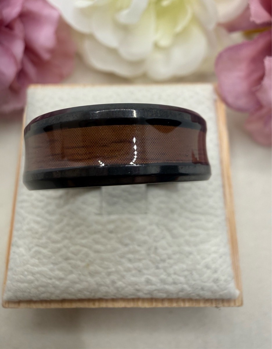 Black starless steel and wood inlay 8mm ring size v