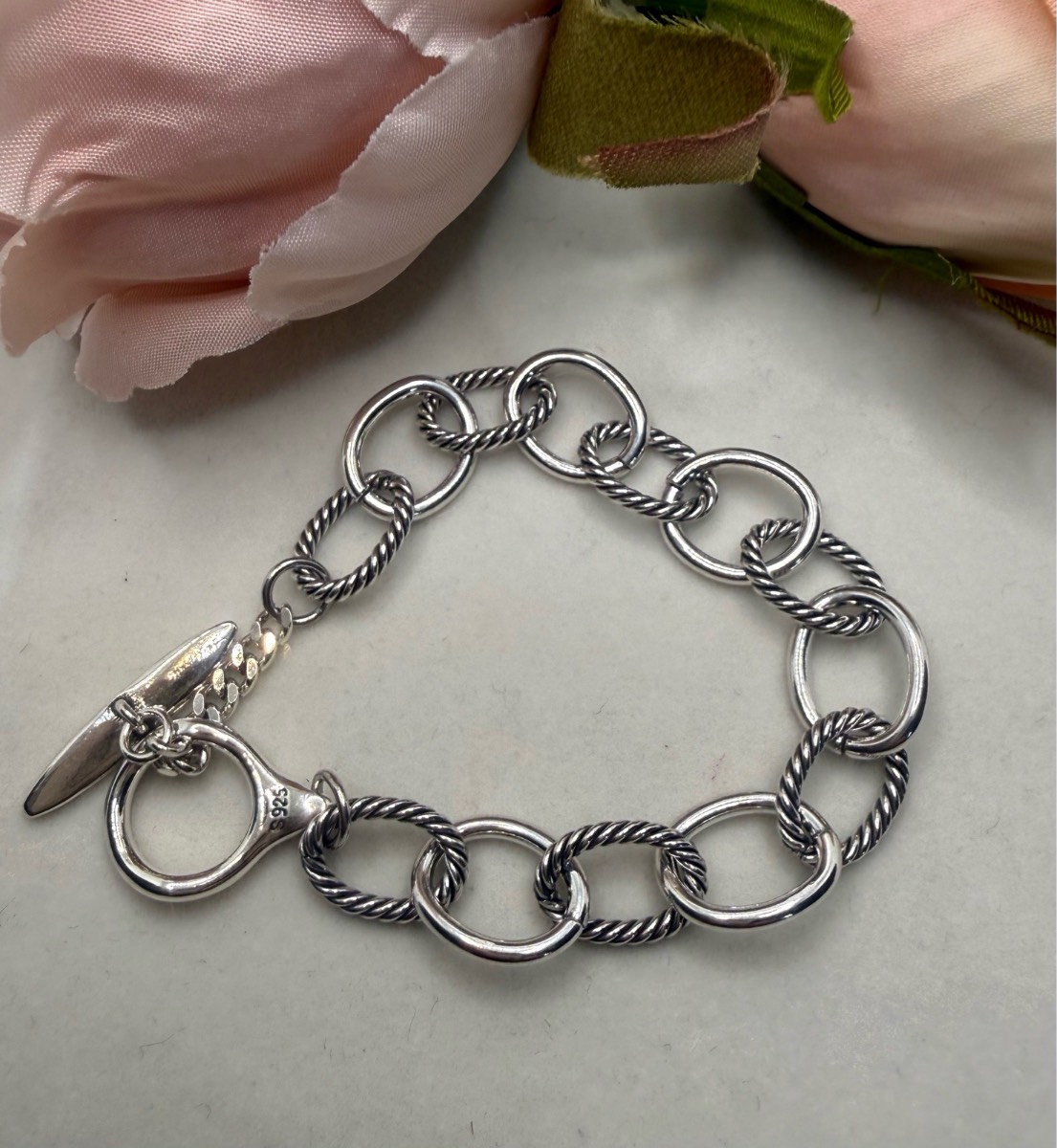 925 stamped sliver textured link toggle bracelet