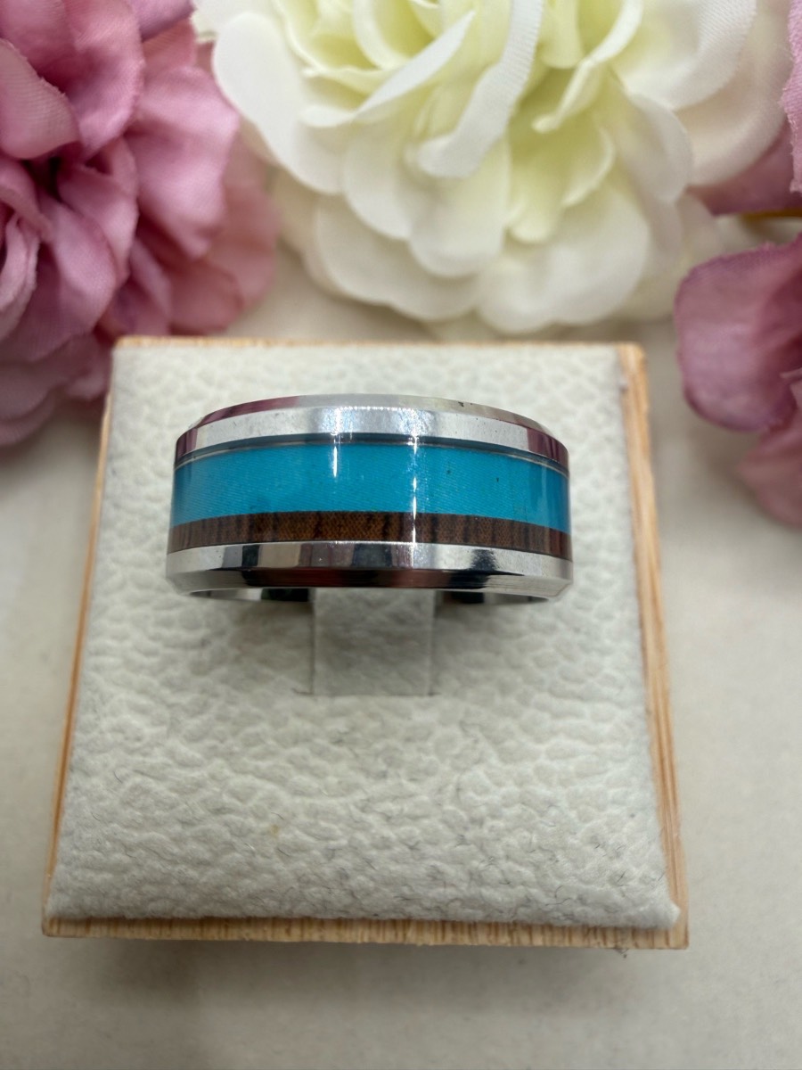 Stainless steel 8mm turquoise and wood inlay ring size m