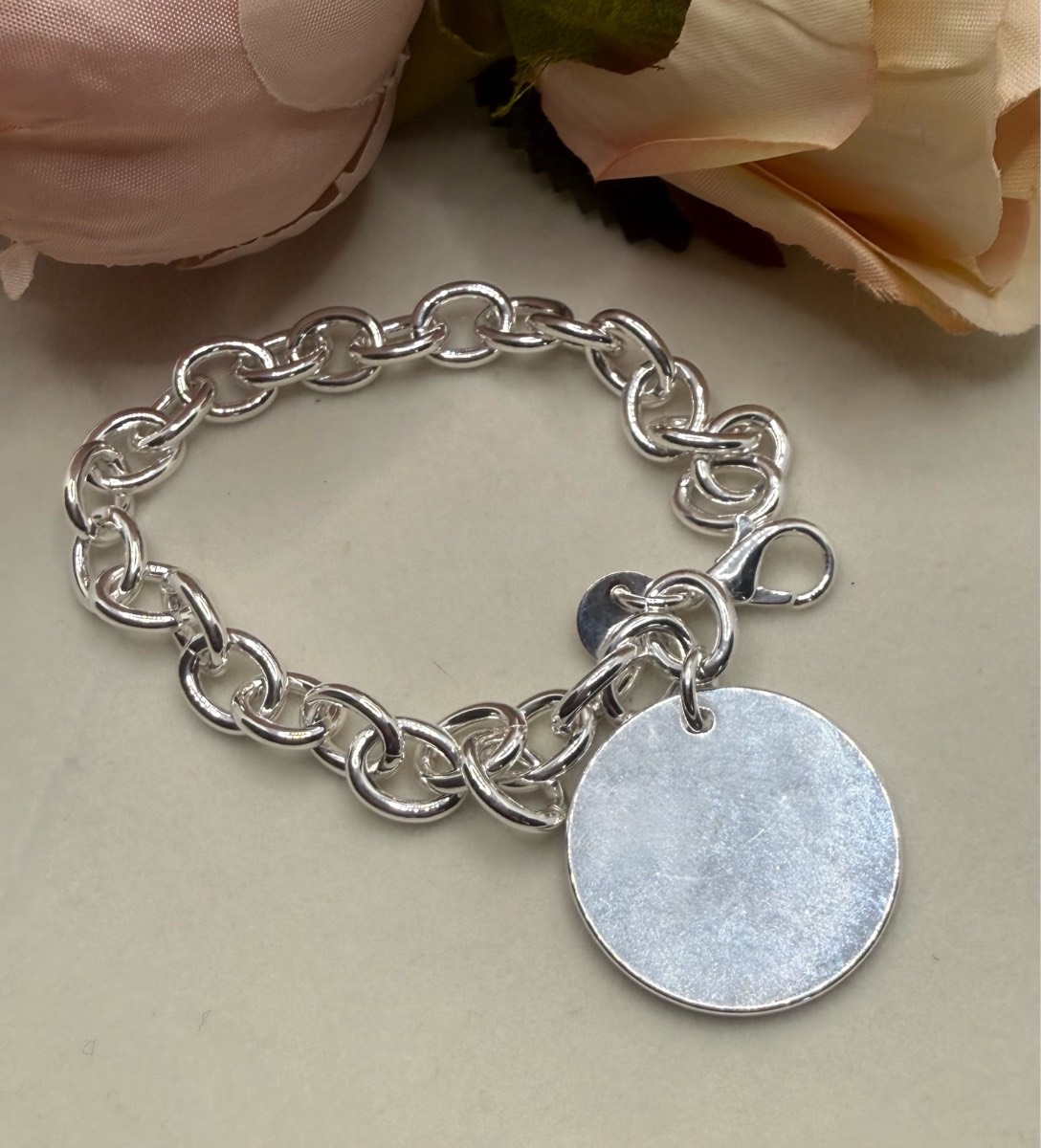 925 stamped sliver disk pendant bracelet