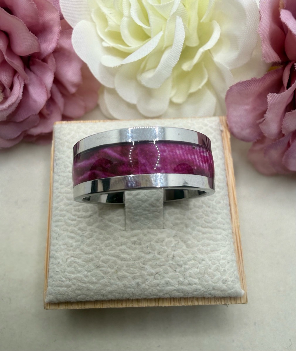 Stainless steel 8mm hot pink inlay ring size p