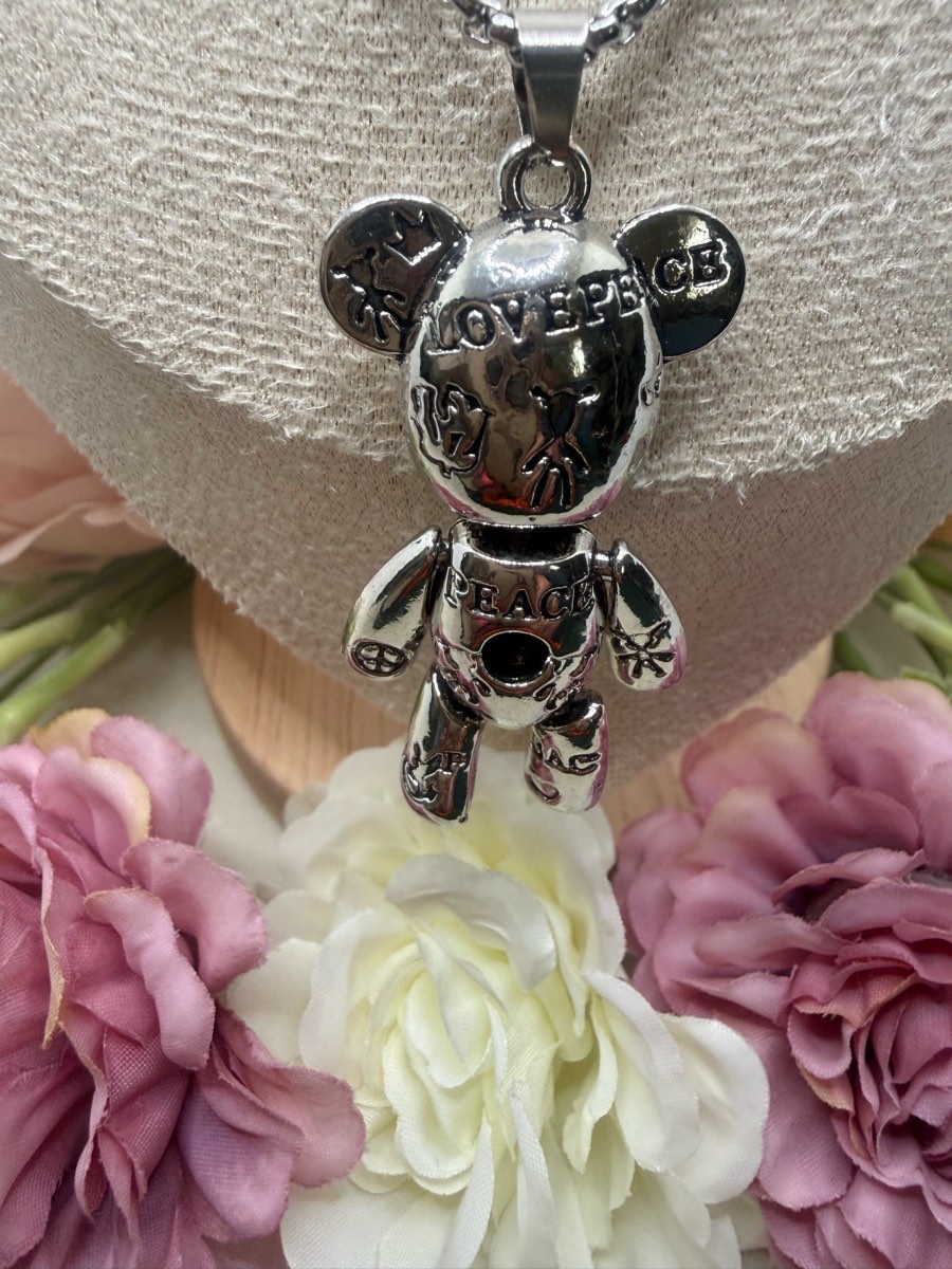 Stainless steel large peace and love bear necklace