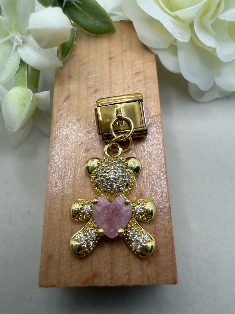 Gold plated crystal bear link charm