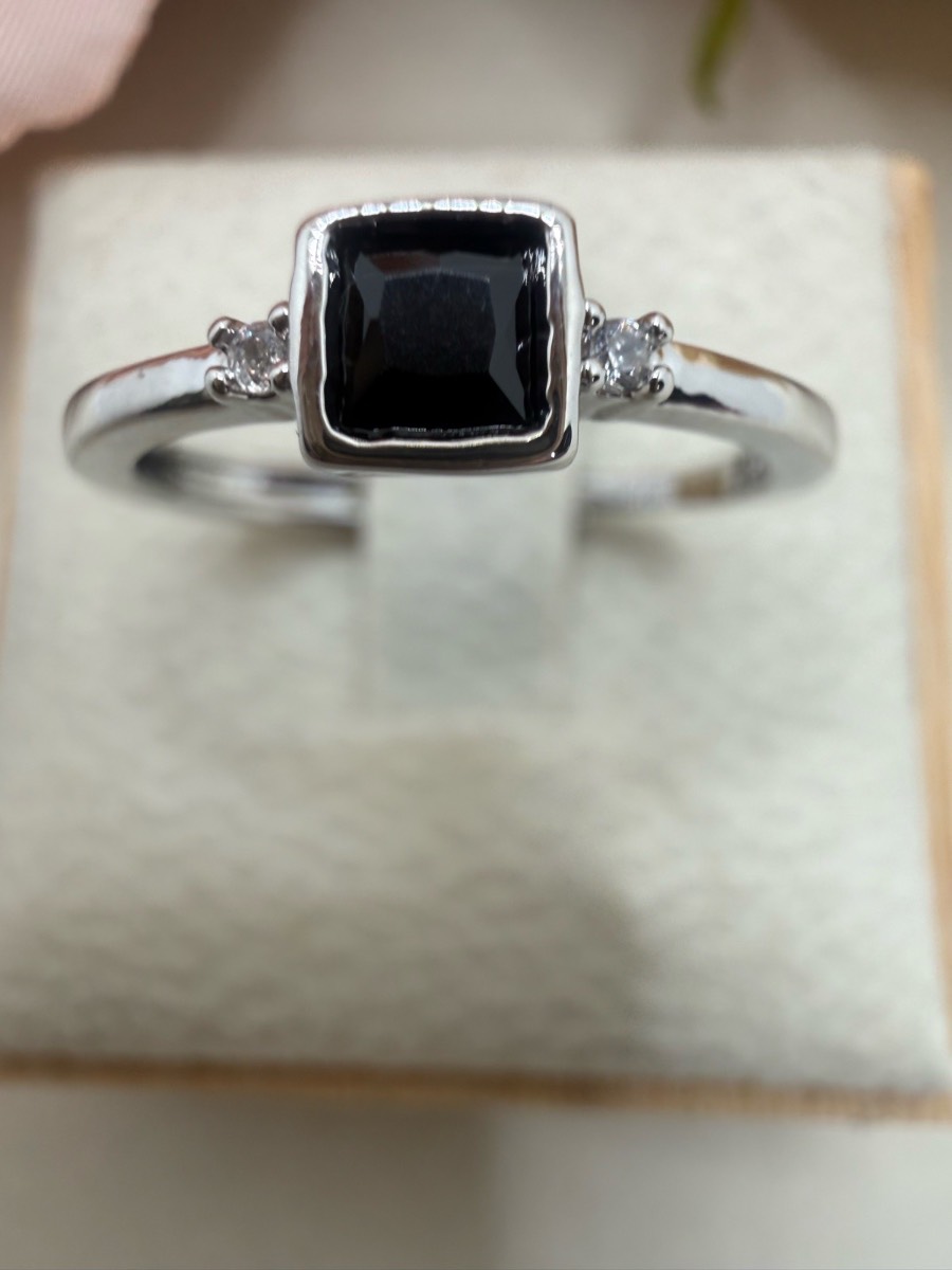 925 stamped sliver black crystal ring adjustable