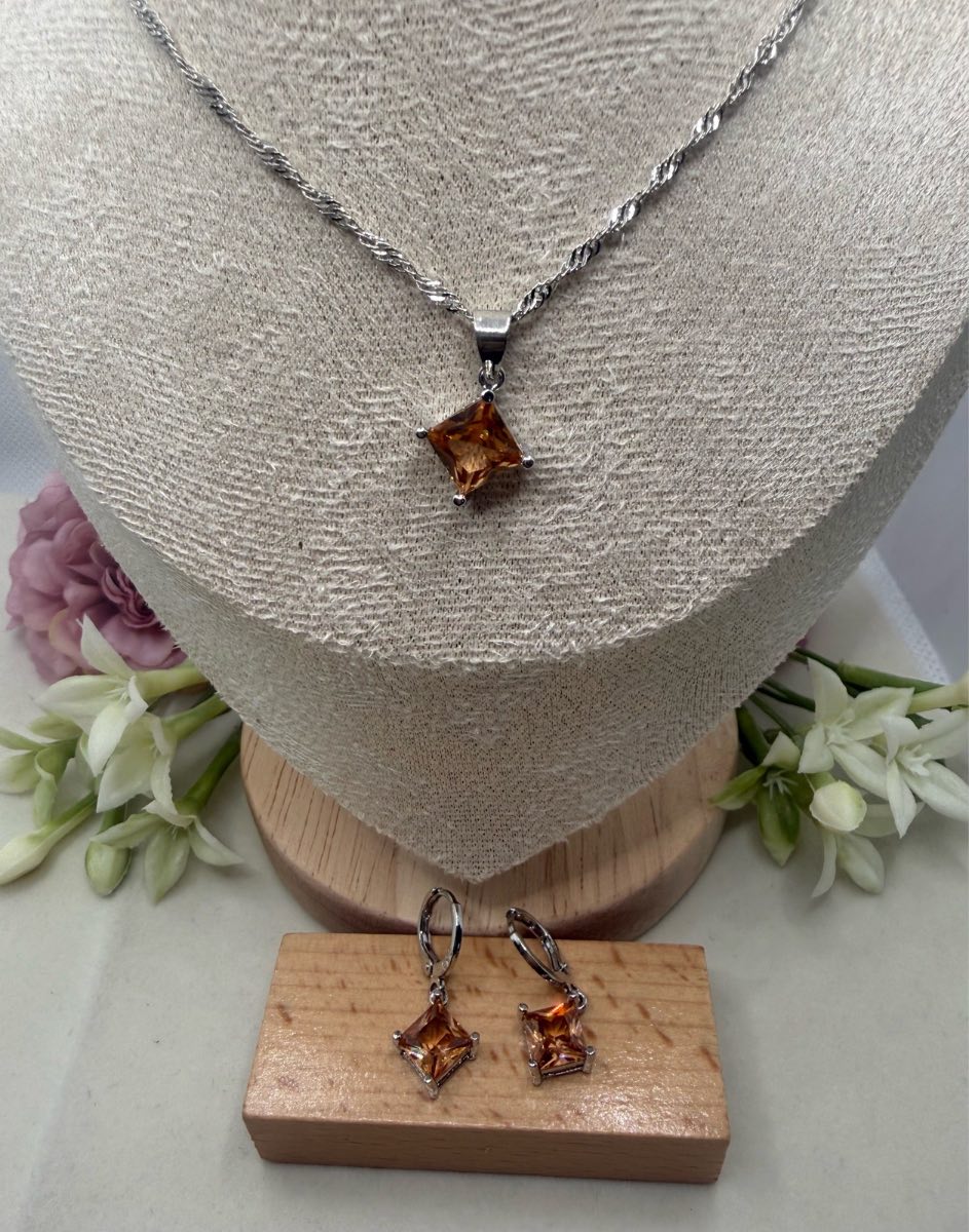 925 stamped sliver square solitaire pendant necklace and earrings set