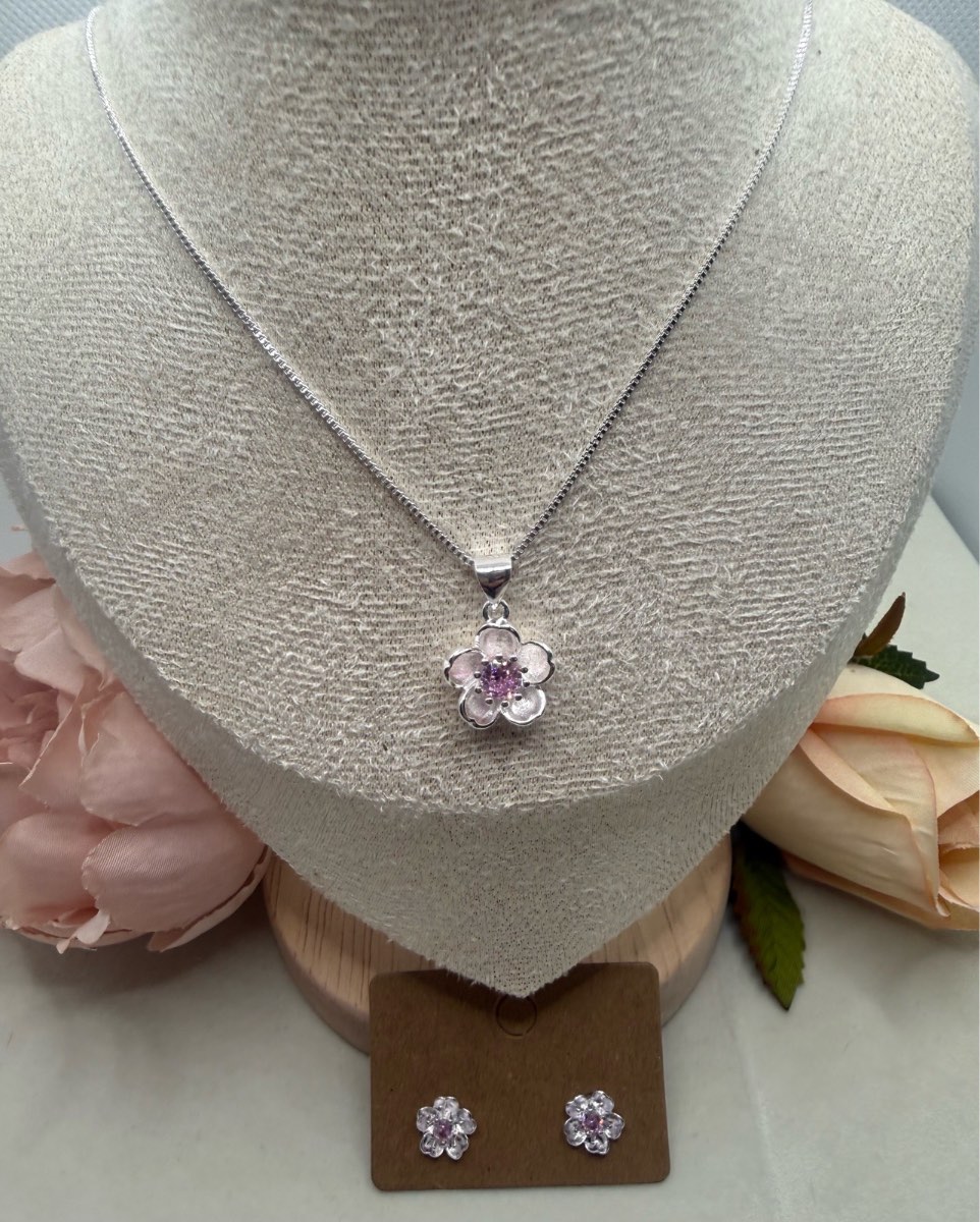 Sliver plated cherry blossom necklace and earring set
