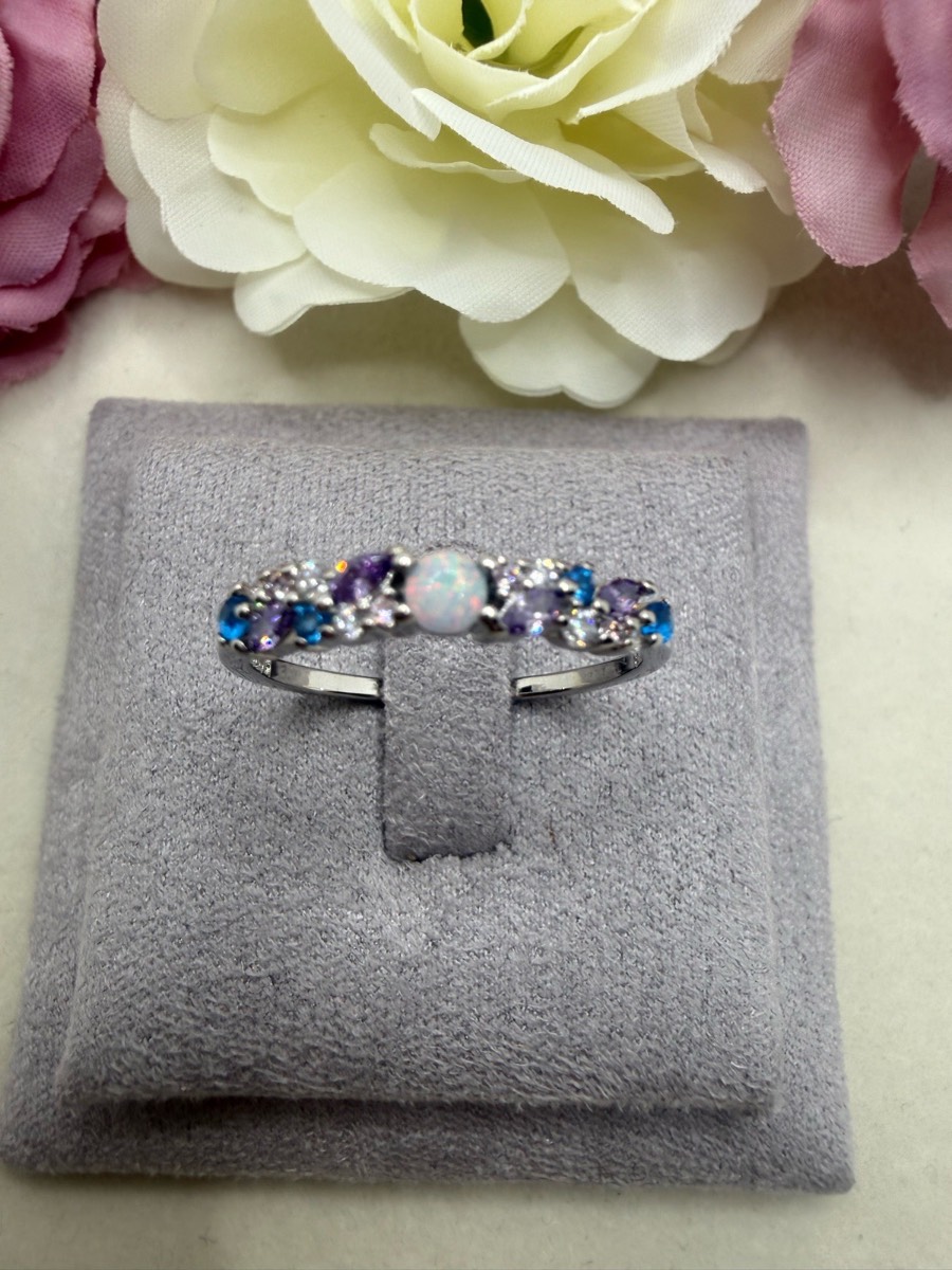 925 stamped sliver faux Opal and Crystal ring size p