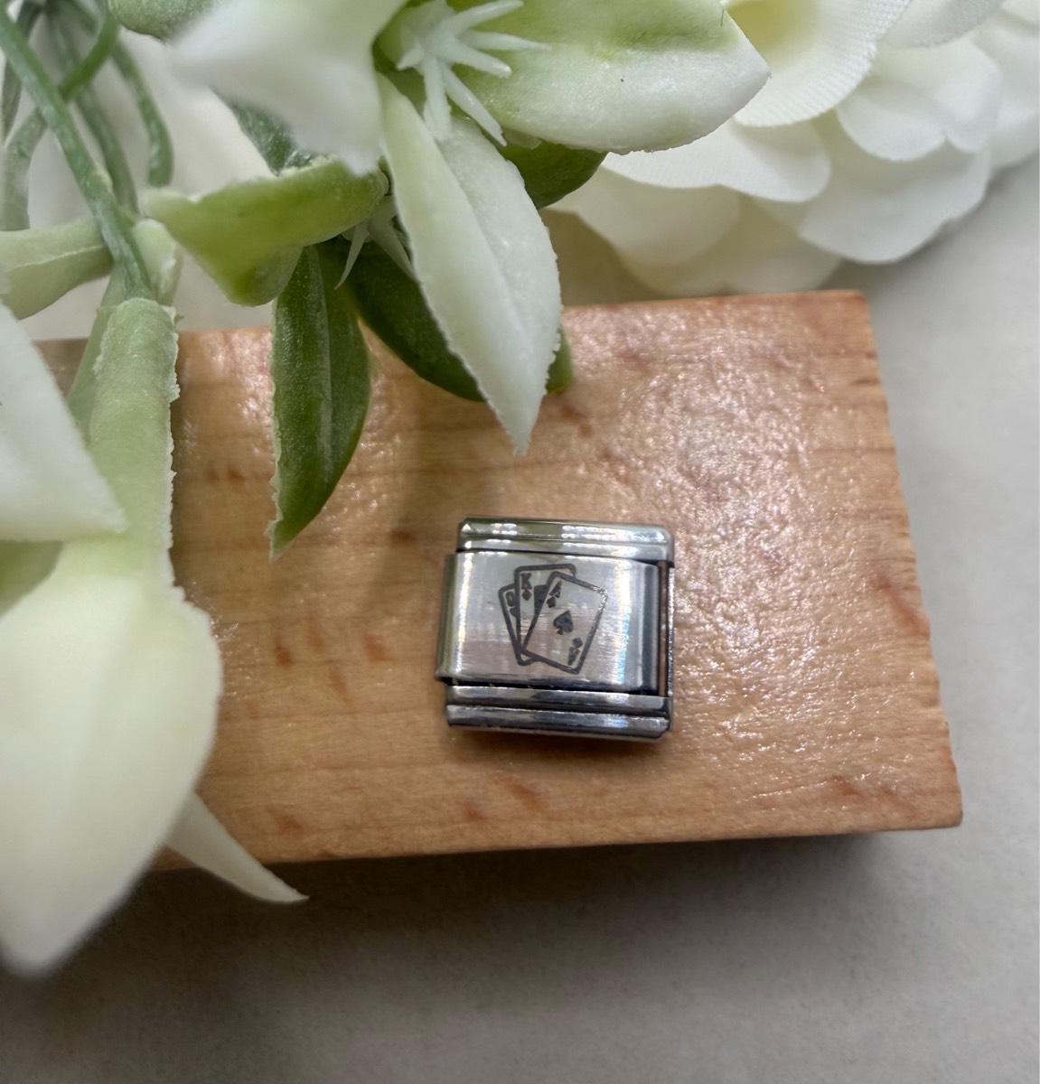 Stainless steel playing card design link charm