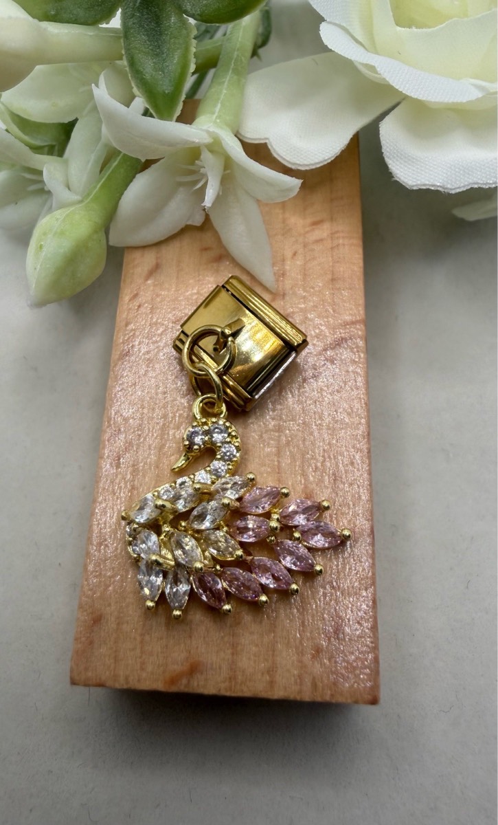 Gold plated crystal swan link charm