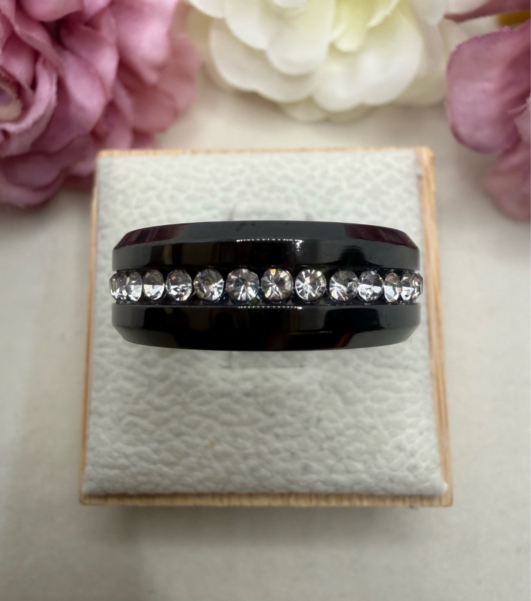Black stainless steel 8mm full crystal ring size x