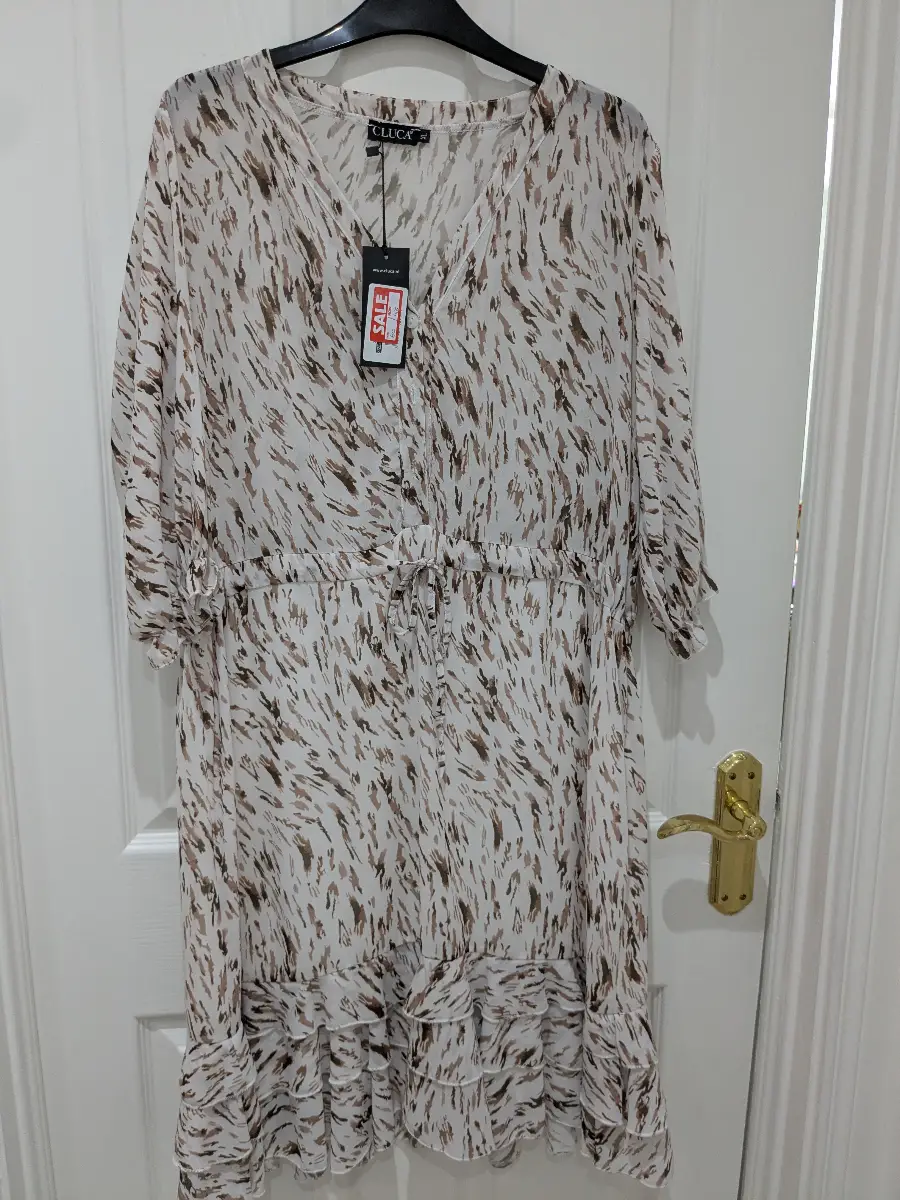 CLUCA..White Brown Ruffle Hem Dress ..Size XL..NWT