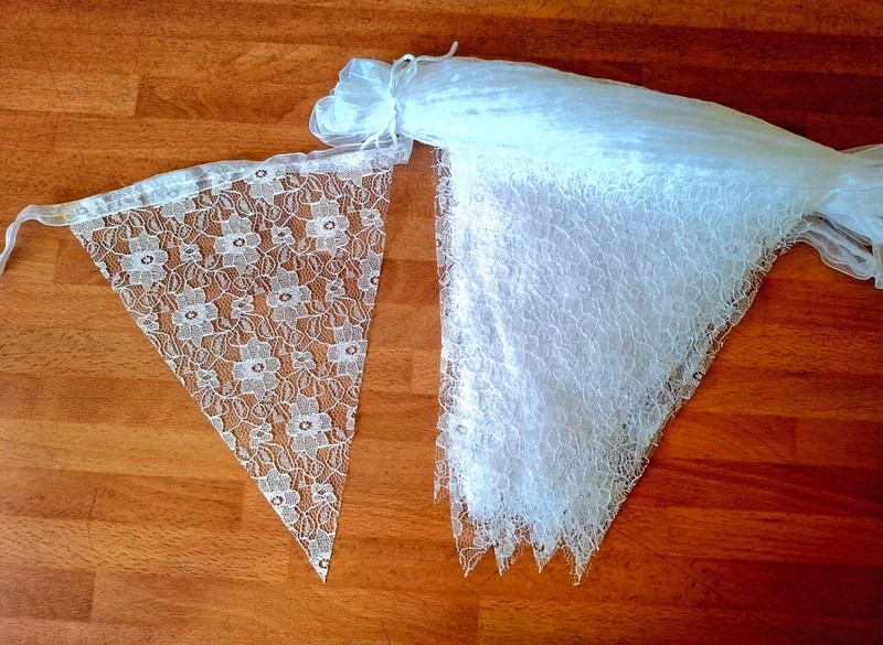 10 mtrs White Lace Bunting on sheer organza ribbon