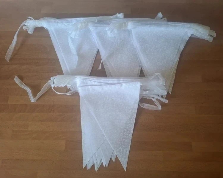 80ft White leaf fabric bunting on sheer organza ribbon