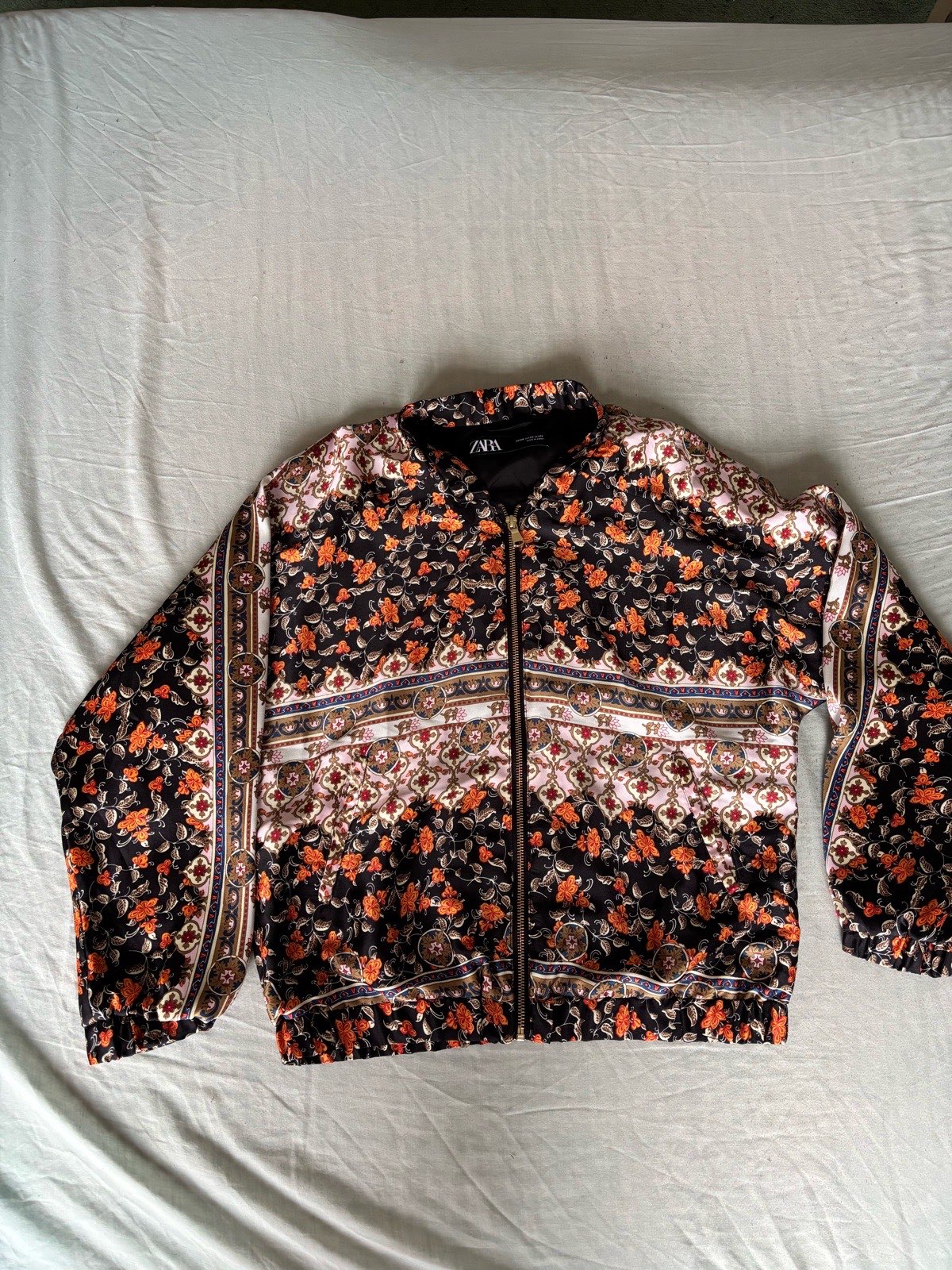 Zara Floral Print Bomber Jacket Size XS Black Orange Pink