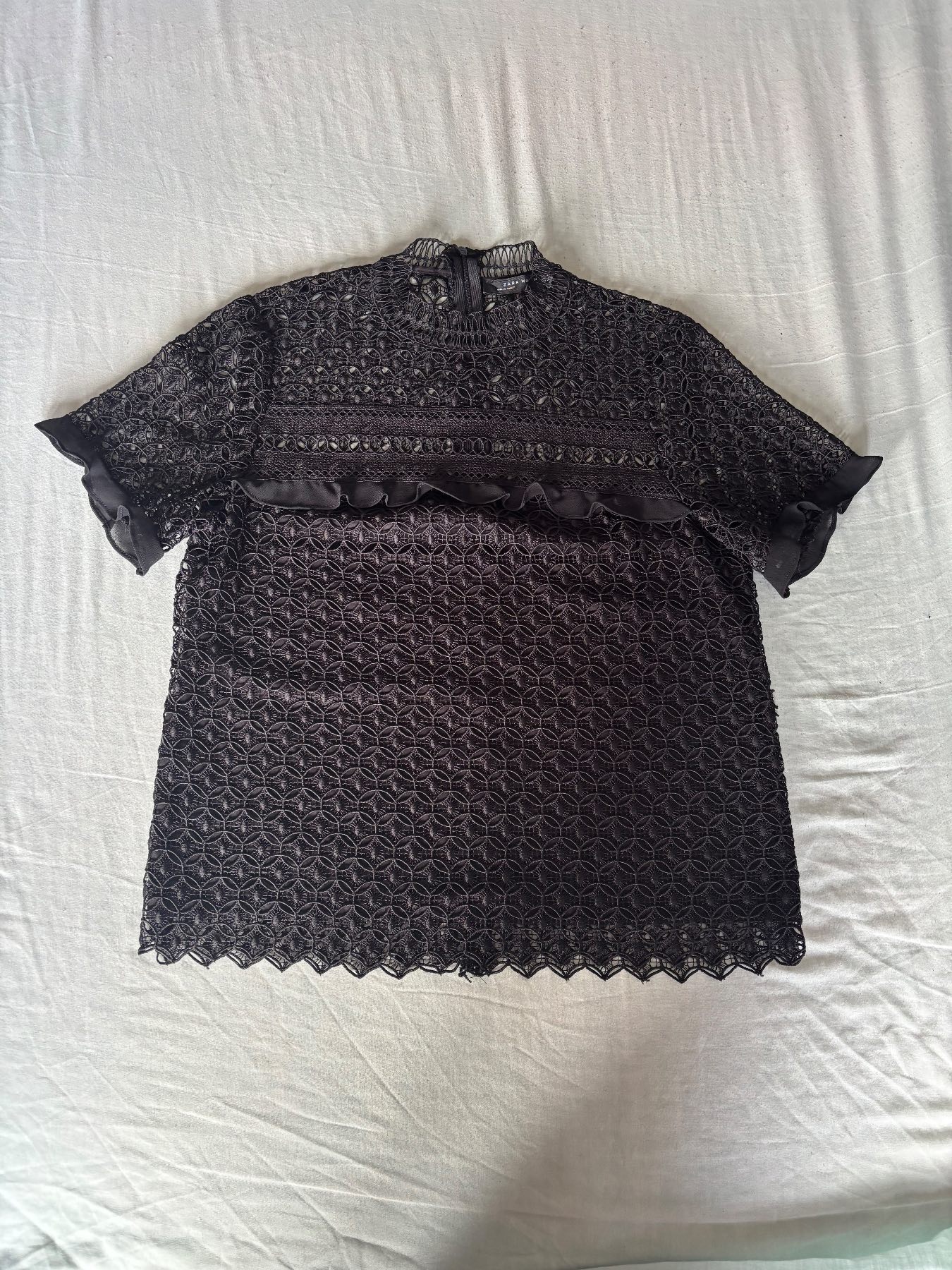 Zara Woman Black Lace Crochet Ruffle Top Size M