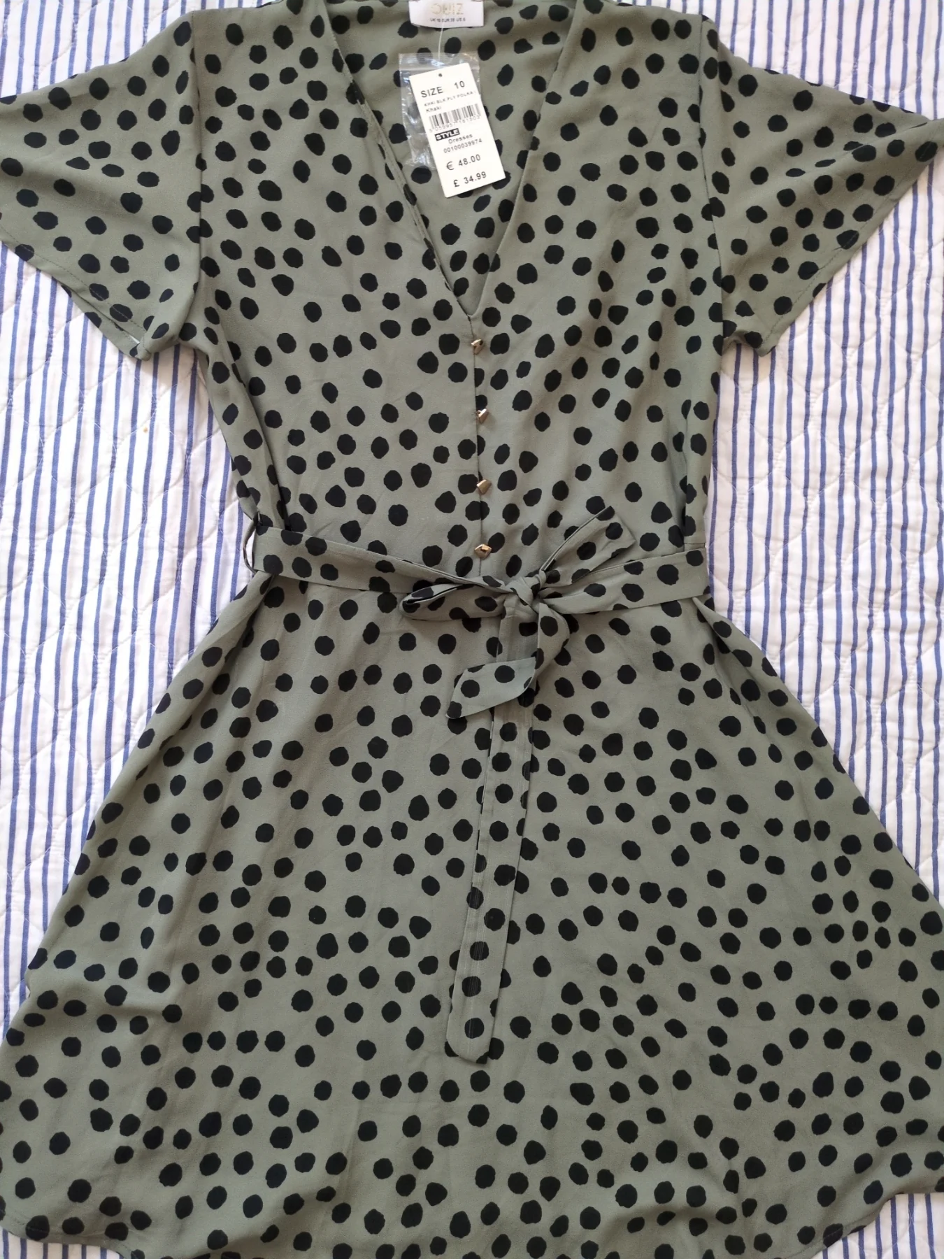 Quiz Khaki Green Polka Dot Midi Dress Size 10 BNWT Button Front Tie Waist LBD
