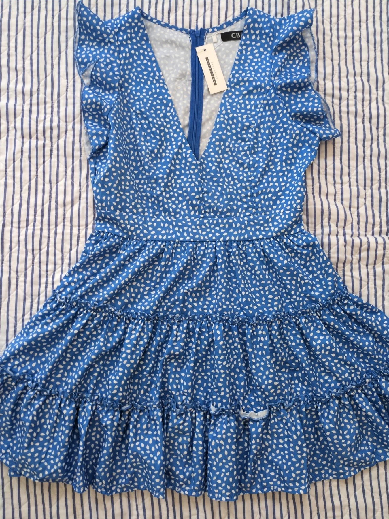 CBR Blue White Spotted Tiered Mini Dress Ruffle  V Neck Sundress Size M Bnwt