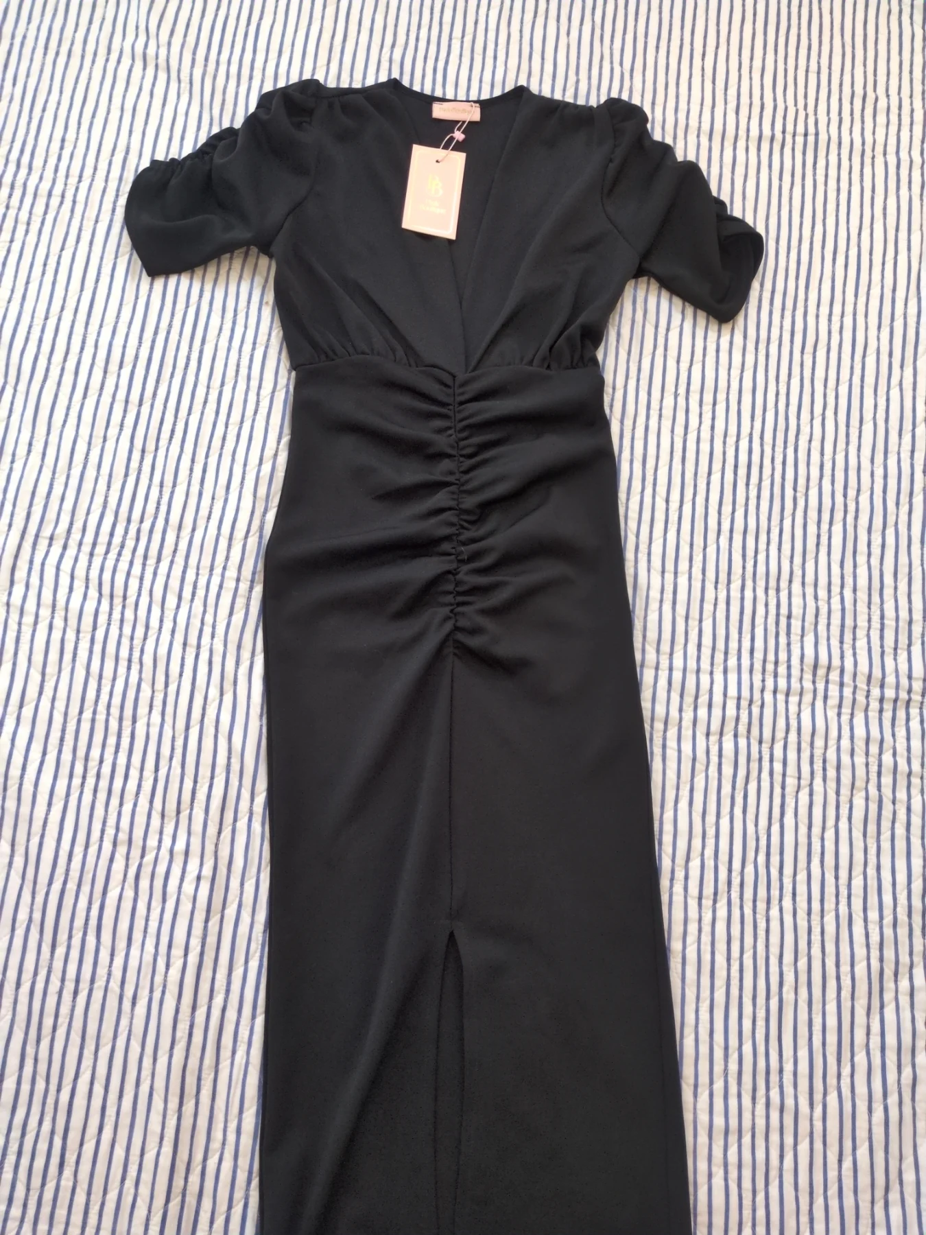 Pink Boutique Black Ruched Midi Dress Size 10 BNWT Simply Love Plunge Bodycon