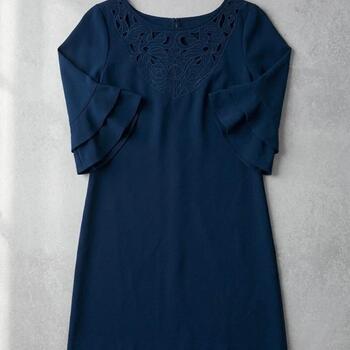 Monsoon Navy Shift Dress | Laser Cut Neckline & Ruffle Sleeves | UK 12