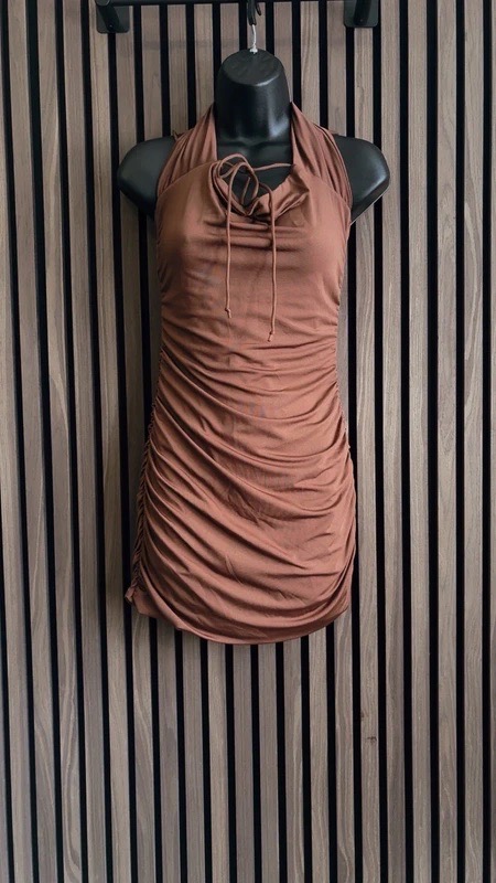 Ruched Halter Mini Dress | Chocolate Brown | Size S