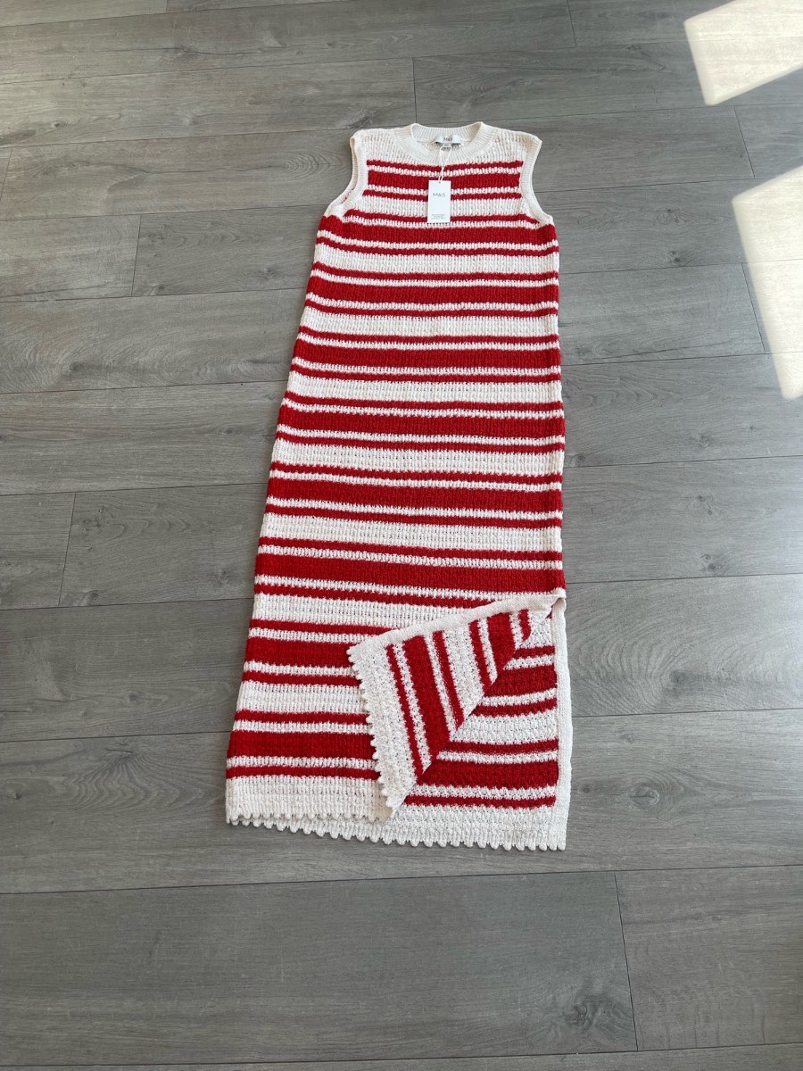 M&S Red & White Stripe Cotton Knit Maxi Dress Size Medium