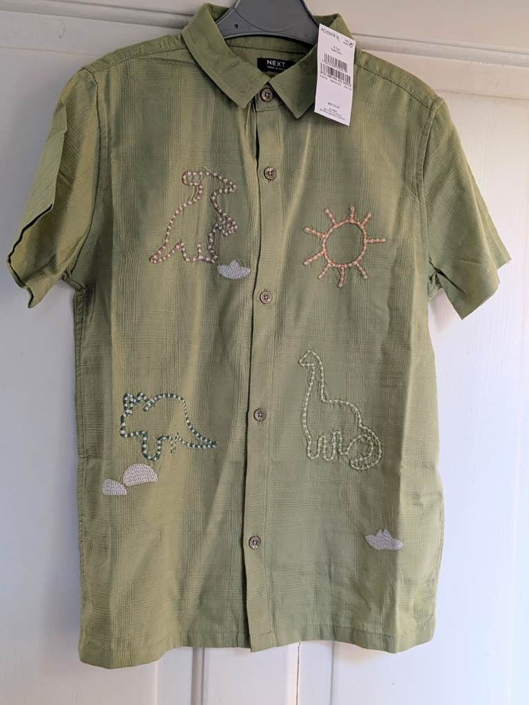 NEXT Boys Khaki Green Dinosaur Embroidered Shirt – Age 6–7 Years – BNWT