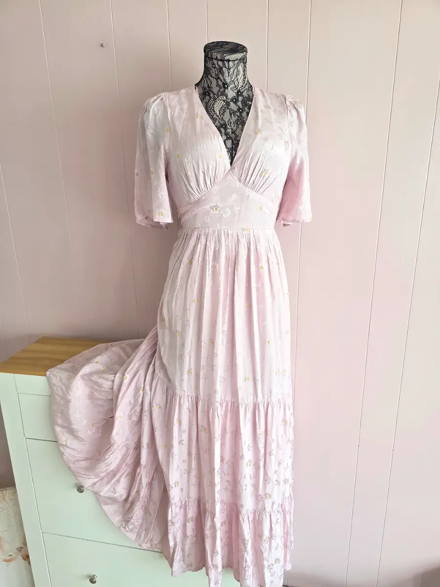 Vintage Pastel Pink Floral Maxi Dress with Open Tie-Back 🌸