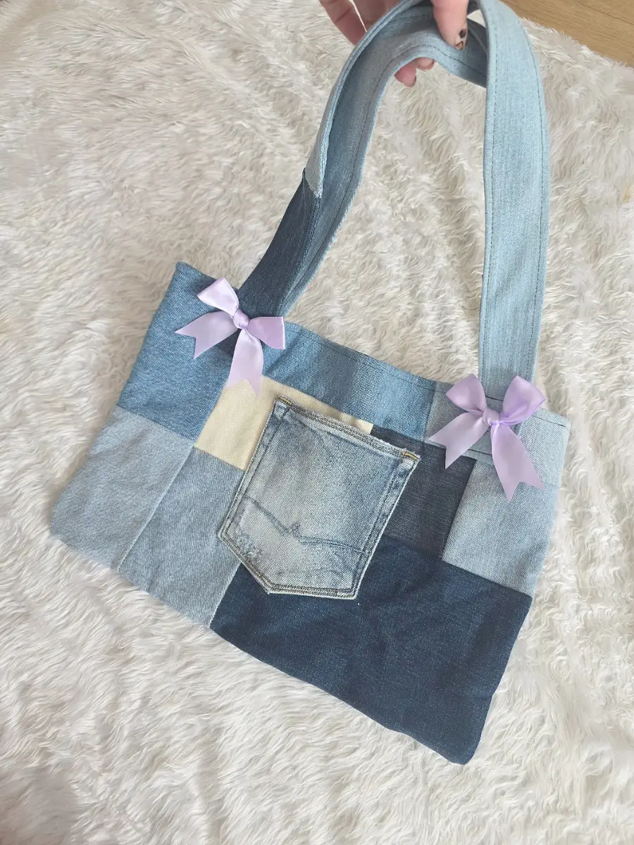 Handmade Upcycled Denim Tote Bag with Lilac Bows Y2K Indie