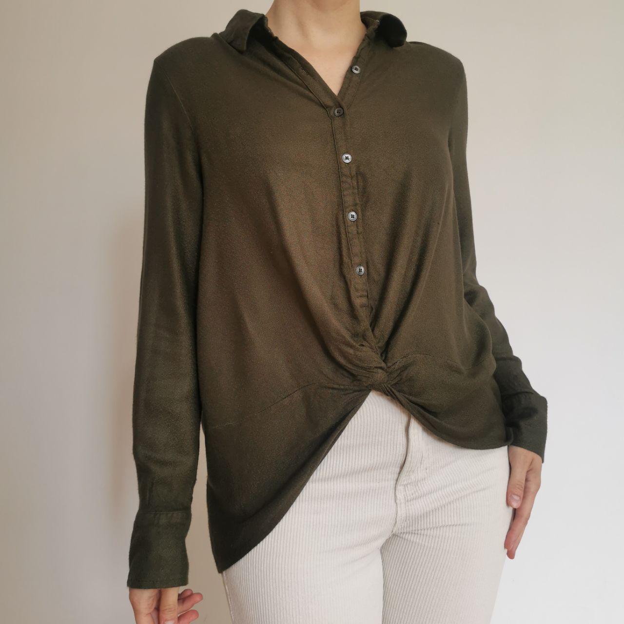 Khaki Green Long Sleeved Twist Tie Front Blouse